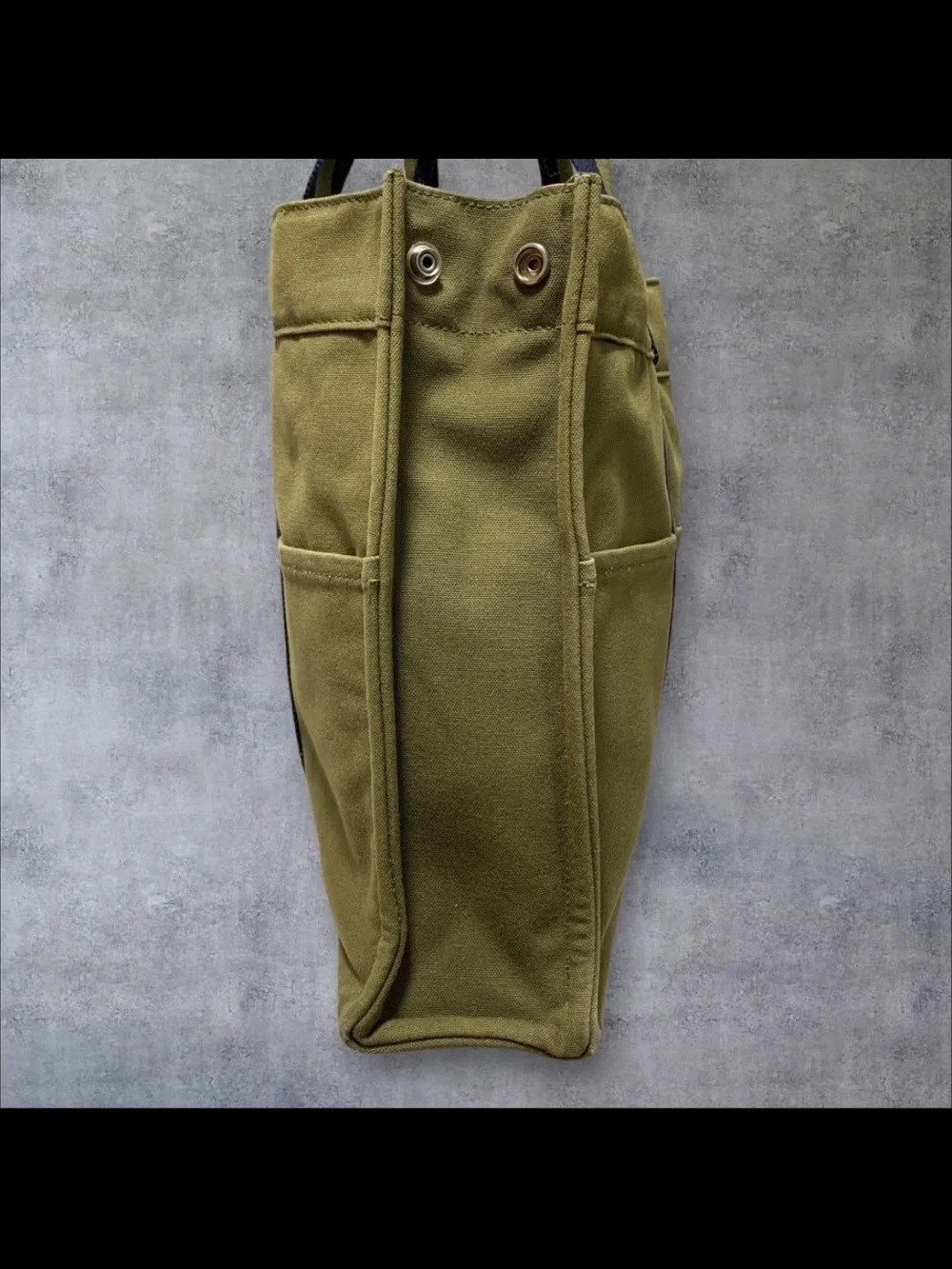 Hermes Olive Green Canvas Tote with Navy Stripe Handles